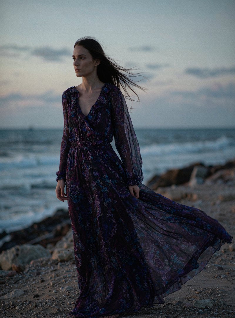 Solene Gown — Midnight Bloom, modelled outdoors