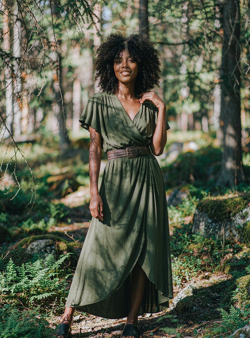 Juniper Wrap Midi Dress — Moss, modelled outdoors