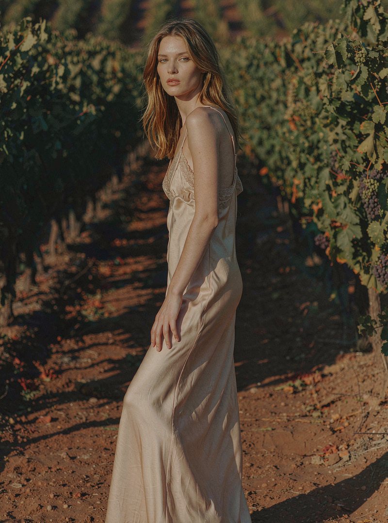 Opaline Silk Slip Dress — Champagne, modelled outdoors