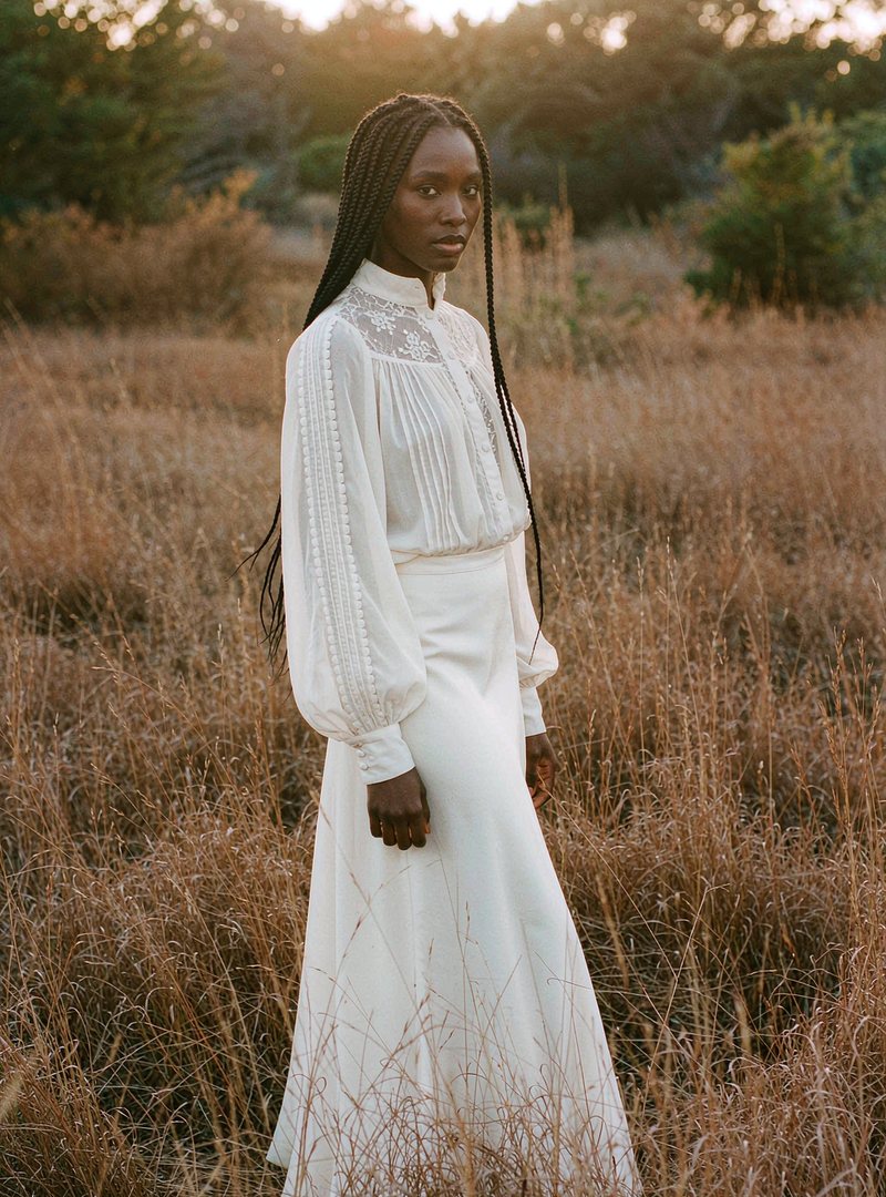Prairie Long Sleeve Blouse — White, modelled outdoors