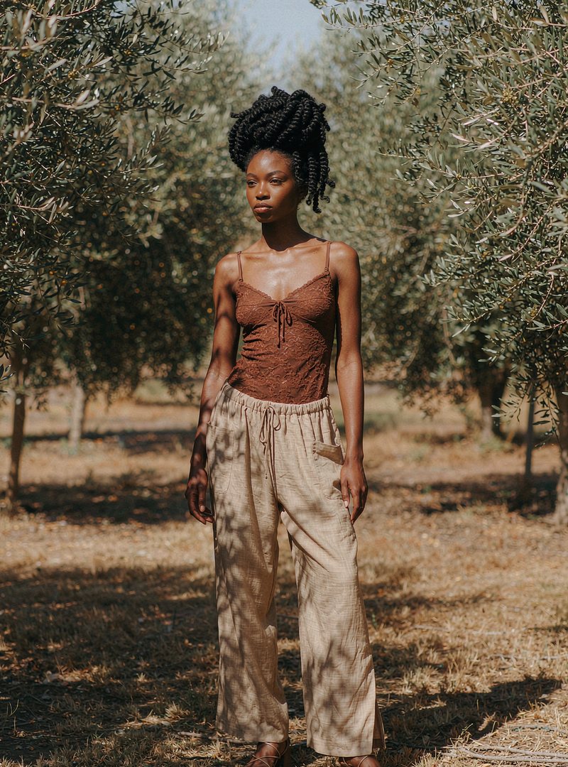 Teodora Lace Cami — Fudge, modelled outdoors