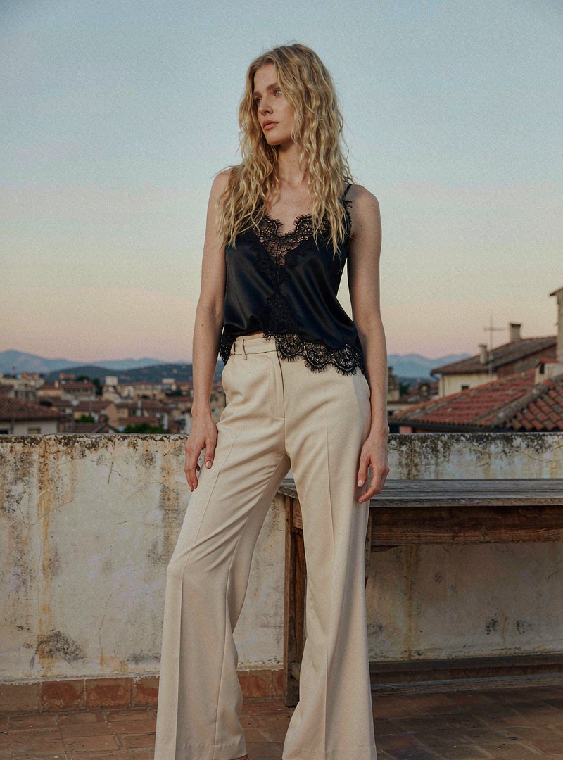 Lux Lisbon Lace Cami — Onyx, modelled outdoors