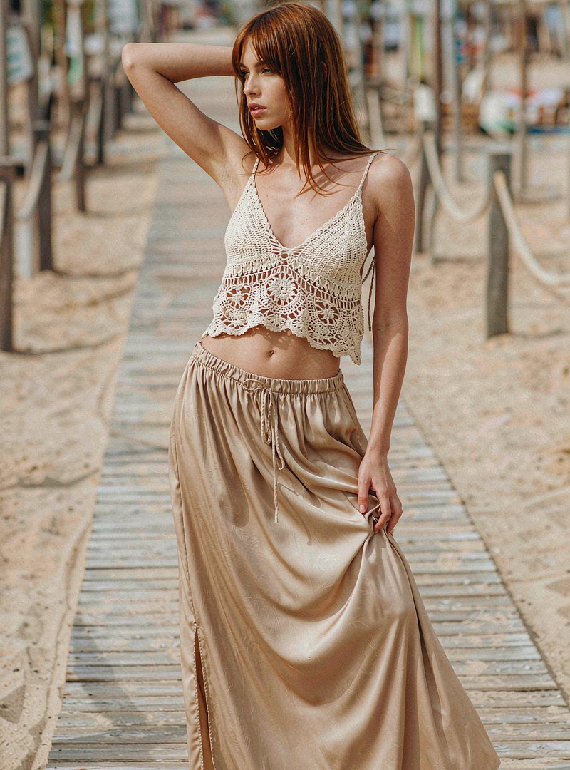 Cordelia Crochet Top — Natural, modelled outdoors