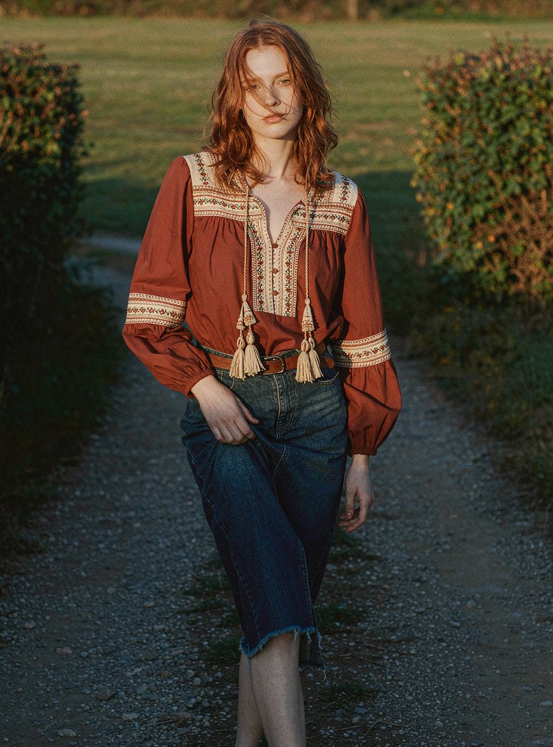 Ottilie Peasant Blouse — Rust, modelled outdoors
