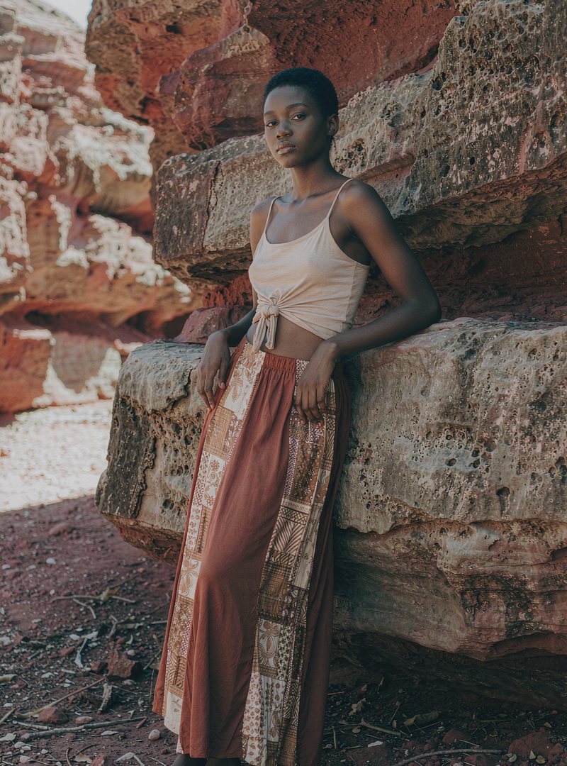Sierra Castaway Skirt — Rust, modelled outdoors