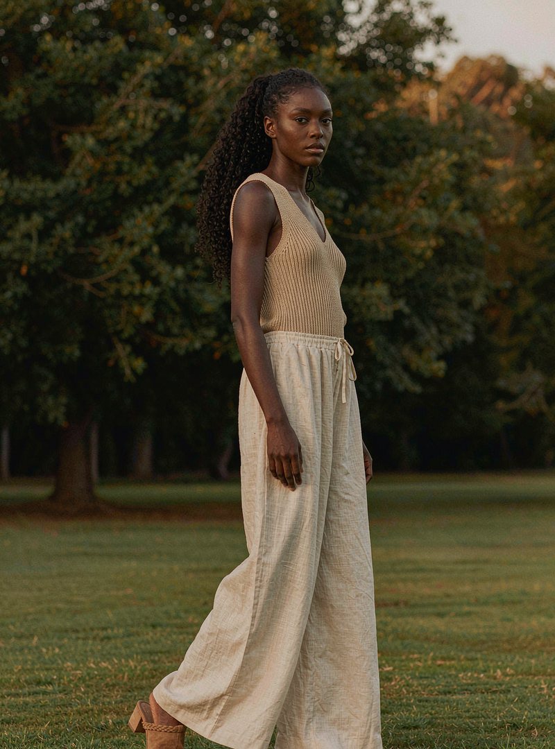 Meadow Wide Leg Trouser — Ivory, modelled outdoors