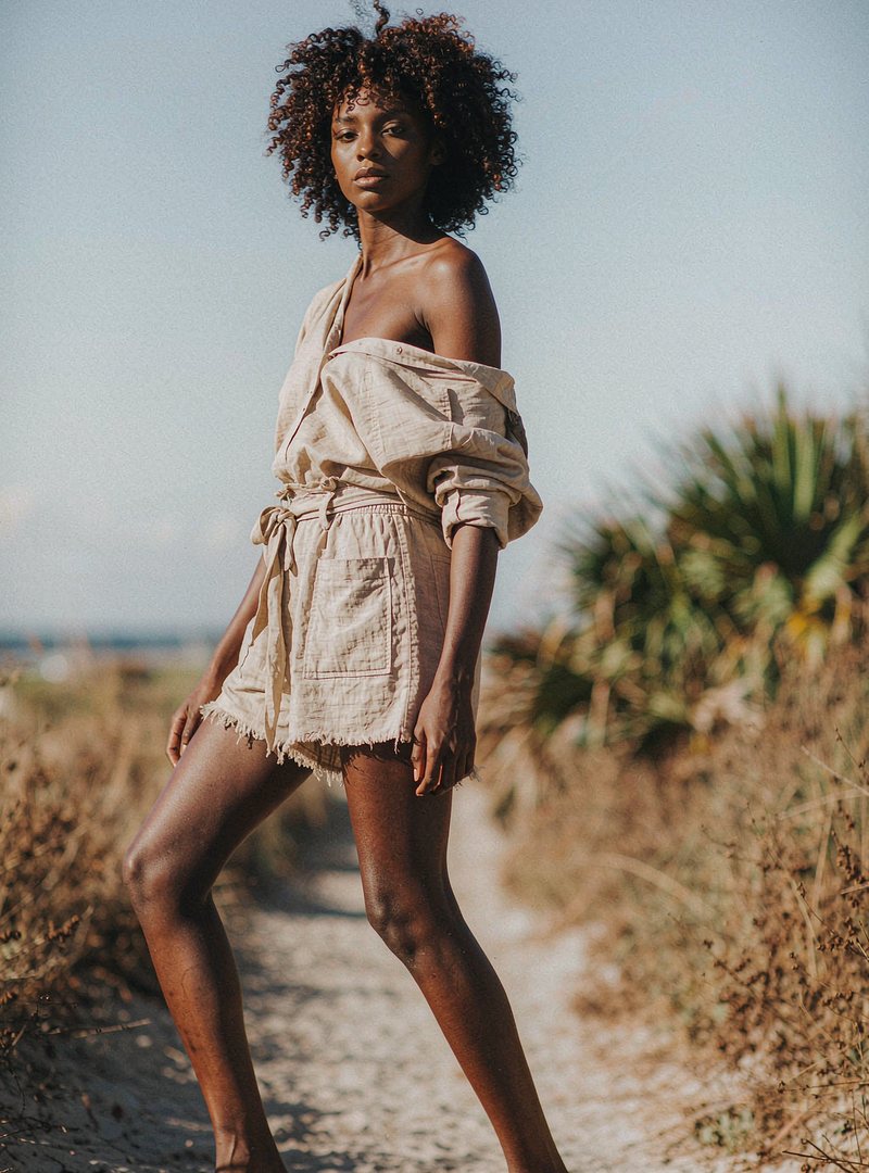 Solstice Linen Short — Sand, modelled outdoors