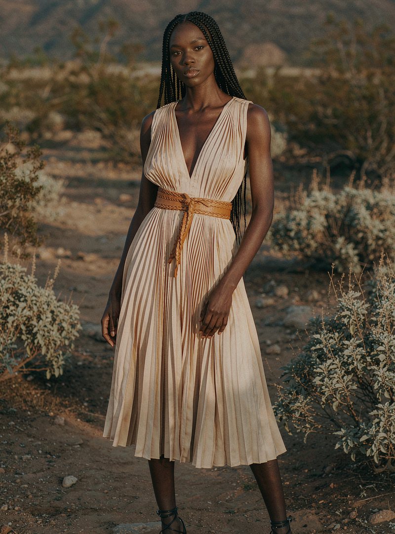 Woven Leather Belt — Tan, modelled outdoors